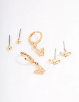 Gold Plated Cubic Zirconia Butterfly Huggie Earrings Pack