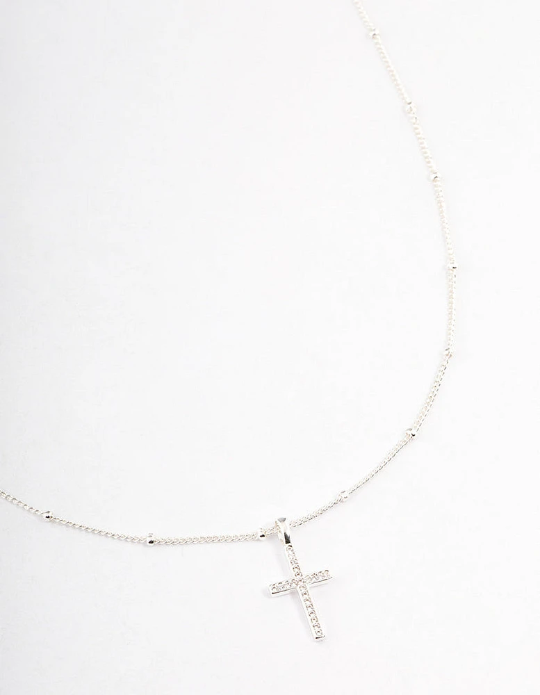 Silver Plated Cubic Zirconia Pave Cross Necklace