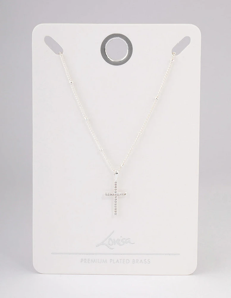 Silver Plated Cubic Zirconia Pave Cross Necklace