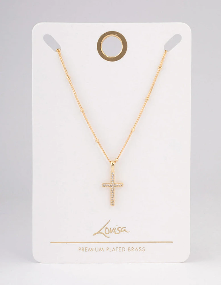 Gold Plated Cubic Zirconia Paved Cross Necklace