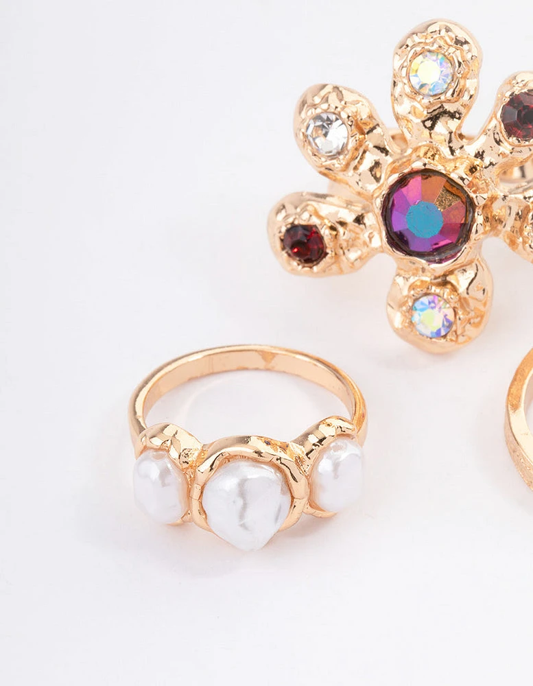 Gold Small Jewels Flower Pack Ring