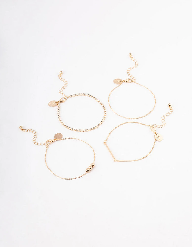 Gold Ball Diamante Chain Bracelet 4-Pack