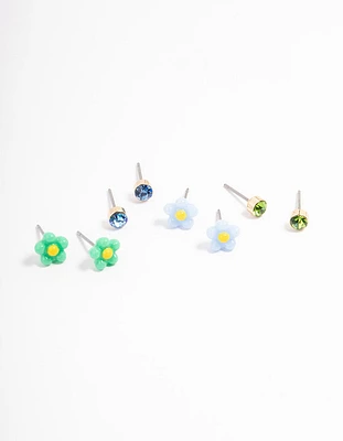 Green & Blue Flower Stud Earrings 4-Pack