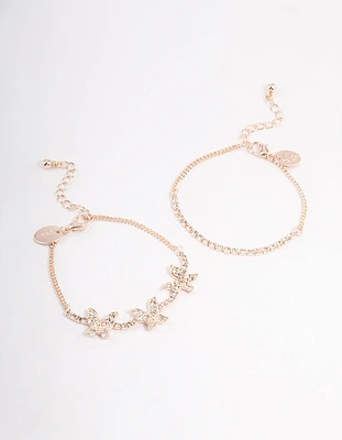 Rose Gold Diamante & Butterfly Bracelet Pack