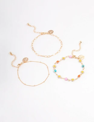 Gold Colourful Daisy & Chain Bracelet Pack