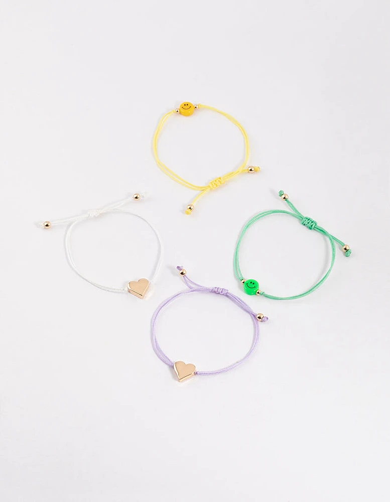 Gold Cord Heart & Smiley Bracelet 4-Pack