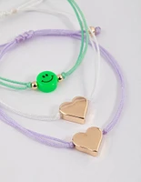 Gold Cord Heart & Smiley Bracelet 4-Pack