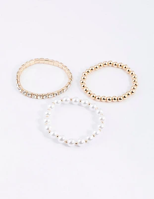 Gold Pearl & Diamante Stretch Bacelet Pack