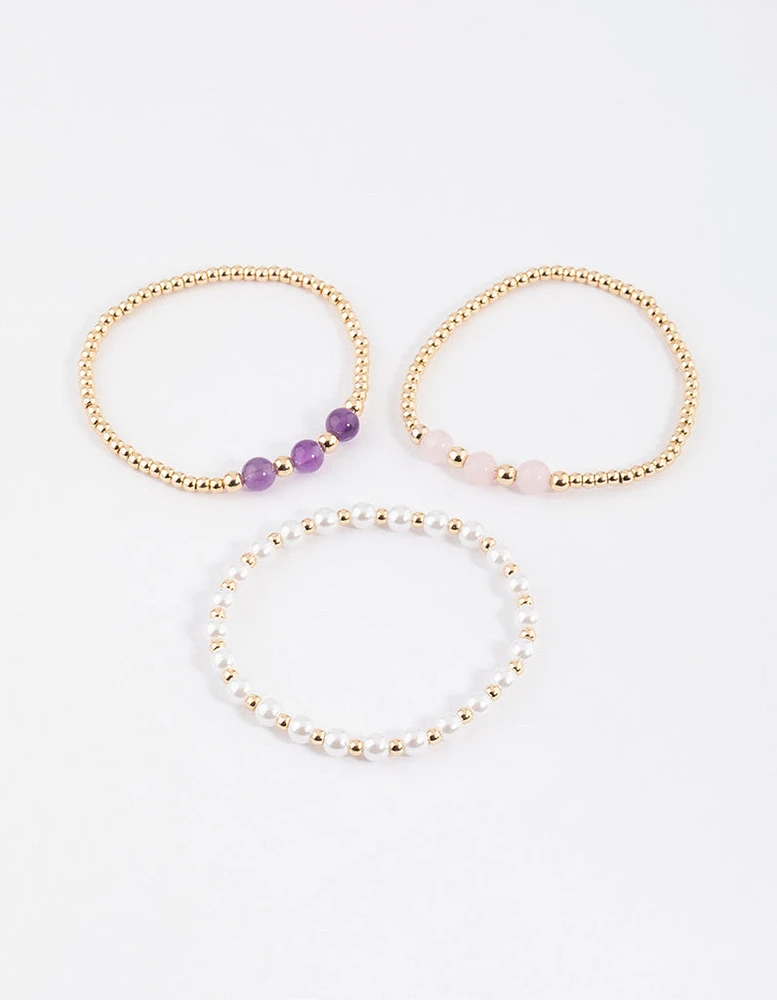 Gold Pearl & Amethyst Stretch Bracelet Pack