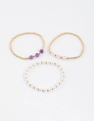 Gold Pearl & Amethyst Stretch Bracelet Pack