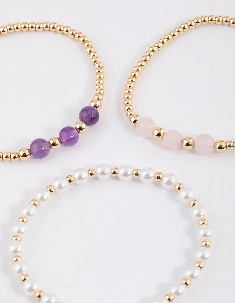 Gold Pearl & Amethyst Stretch Bracelet Pack