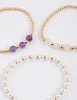 Gold Pearl & Amethyst Stretch Bracelet Pack