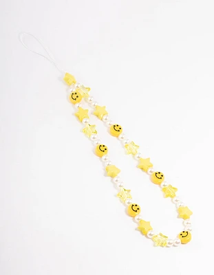 Pearl Smiley & Star Motif Phone Strap