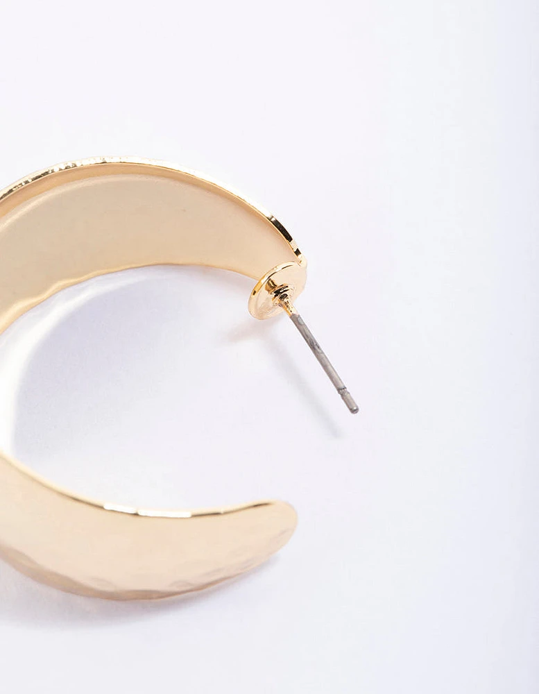 Gold Plated Brass Wide Hammered Hoop Earrings