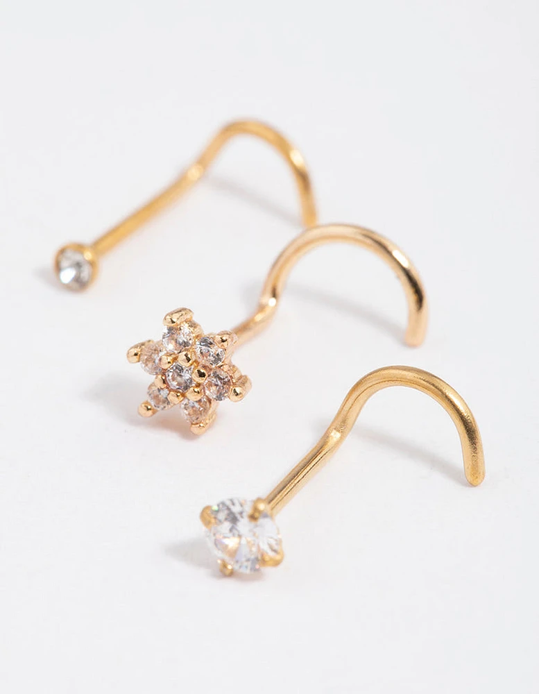 Gold Plated Surgical Steel Flower Nose Stud Pack