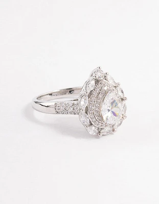 Rhodium Flare Pear Cubic Zirconia Ring