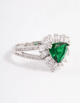 Rhodium Emerald Triangular Flare Ring
