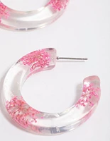 Pink Flower Pressed Hoop Earrings