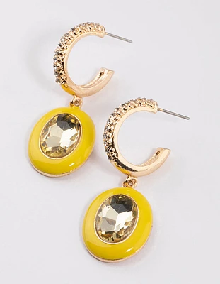 Yellow Enamel Crystal Hoop Earrings