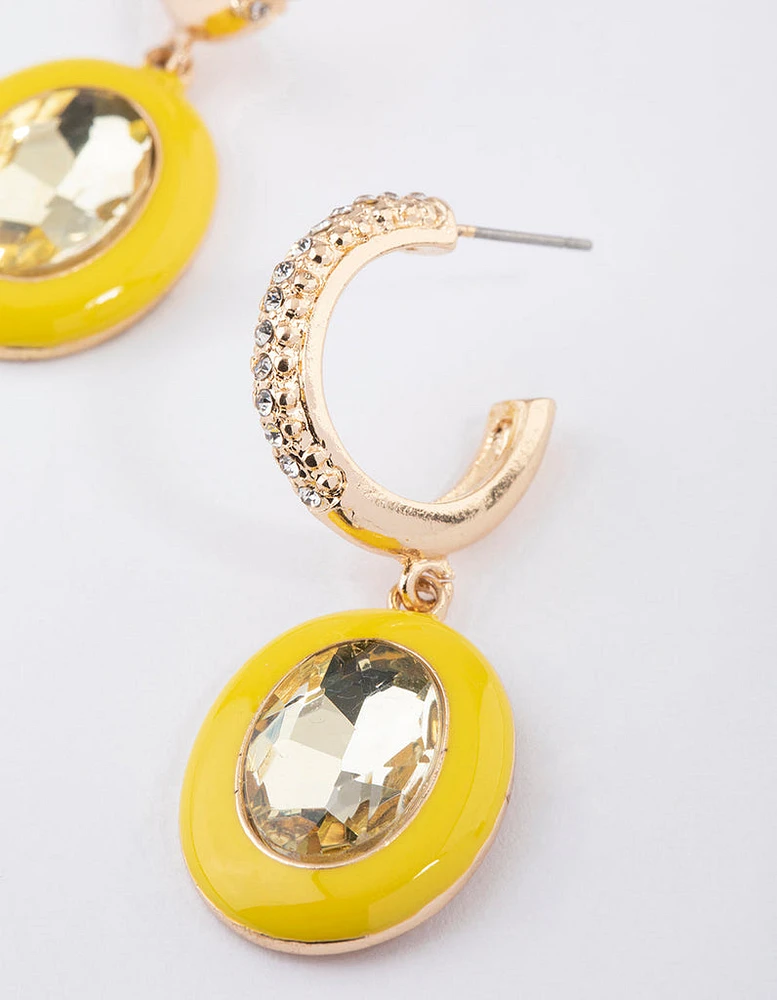 Yellow Enamel Crystal Hoop Earrings