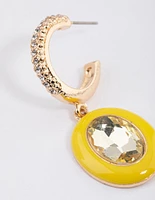 Yellow Enamel Crystal Hoop Earrings