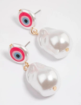 Gold Evil Eye & Pearl Drop Earrings