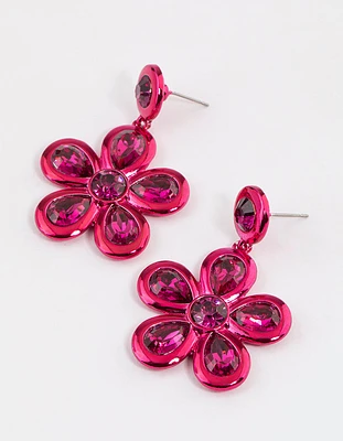 Coated Pink Crystal Flower Drop Earrings