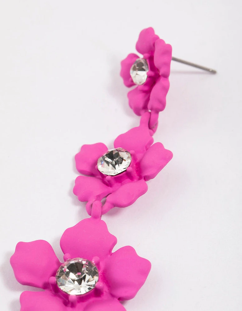 Coated Pink Flower Crystal Stone Drop Earrings