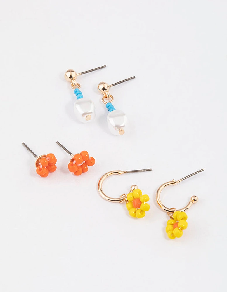 Gold Flower Stud Earrings Pack
