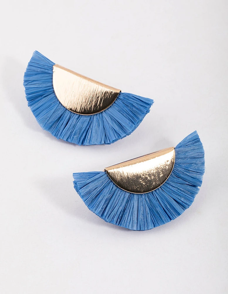 Blue Raffia Fan Stud Earrings