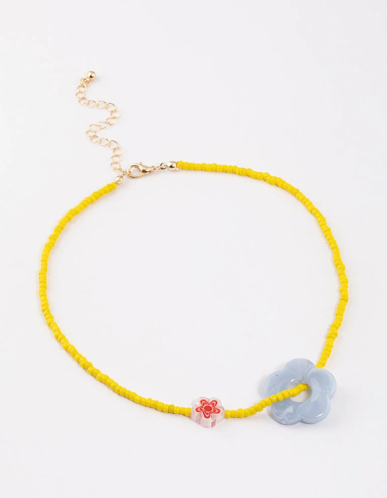 Yellow Thread Through Beaded Flower Necklace