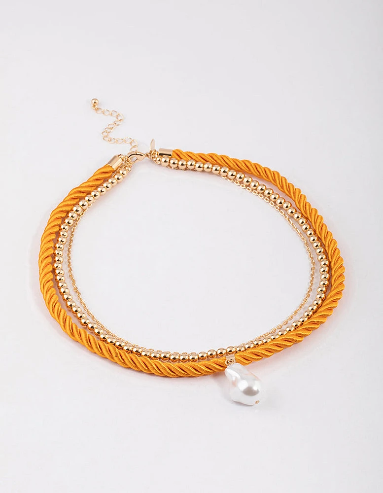 Gold Layered Orange Coloured Rope Pearl Necklace