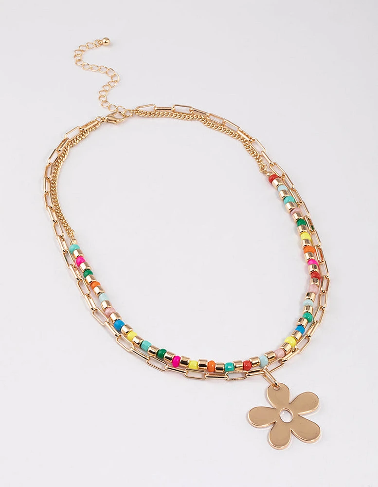 Gold Layered Beaded Flower Necklace