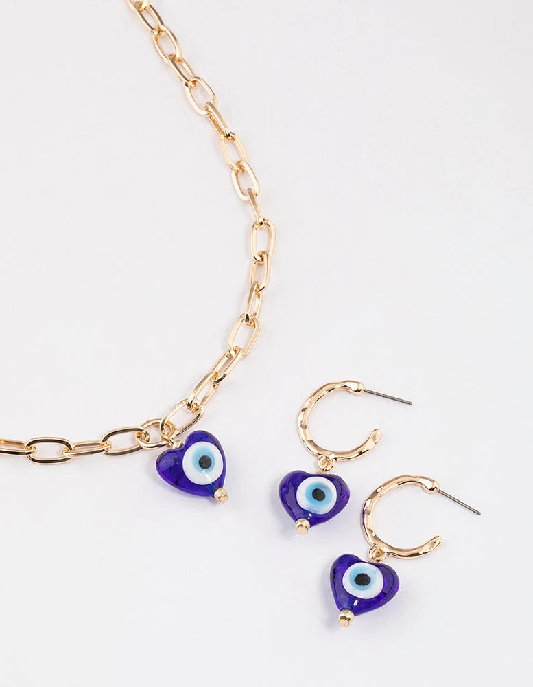 Blue Evil Eye Heart Earrings & Necklace Set