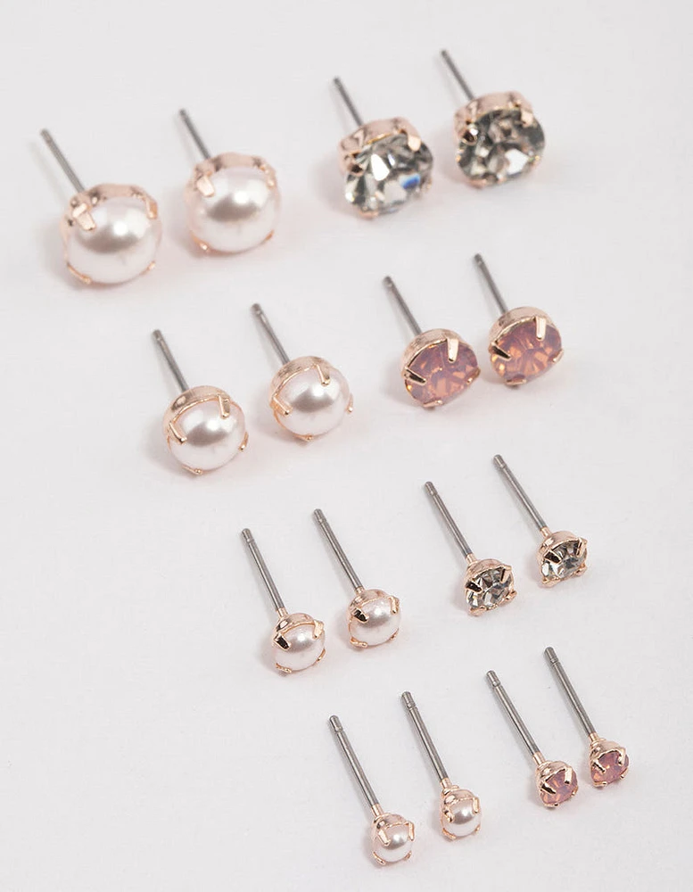 Rose Gold Pearl & Diamante Stud Earrings 8-Pack