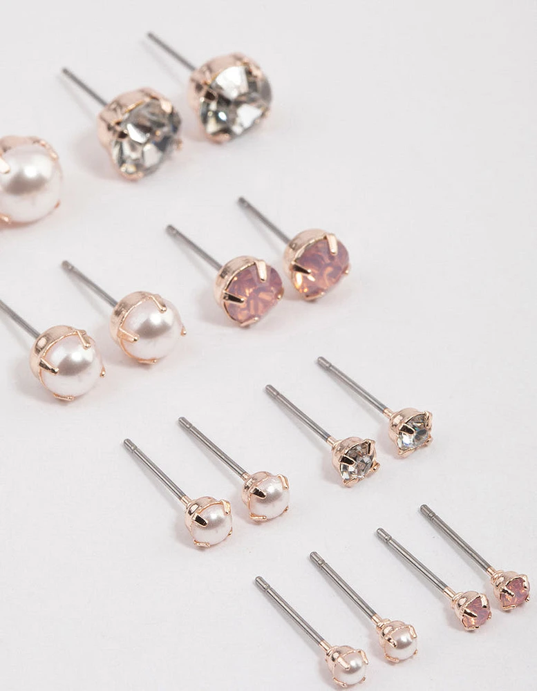 Rose Gold Pearl & Diamante Stud Earrings 8-Pack