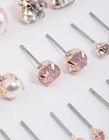 Rose Gold Pearl & Diamante Stud Earrings 8-Pack