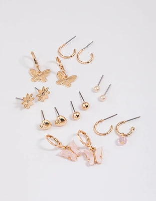 Gold Butterfly Motif Stud & Hoop Earrings 8-Pack