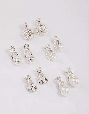 Silver Pearl & Diamante Ball Clip On Earrings 5-Pack
