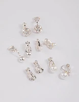 Silver Pearl & Diamante Ball Clip On Earrings 5-Pack