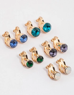Gold Simple Diamante Clip On Earrings 5-Pack