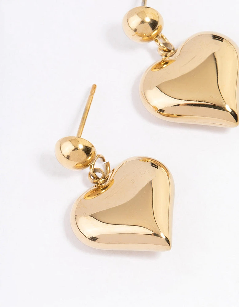 Gold Plated Stainless Steel Round & Puffy Heart Drop Earrings