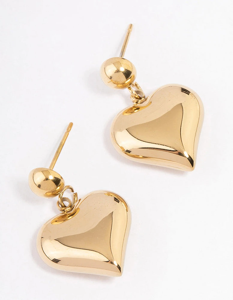 Gold Plated Stainless Steel Round & Puffy Heart Drop Earrings