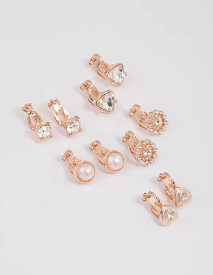 Rose Gold Heart & Flower Clip On Earrings 5-Pack
