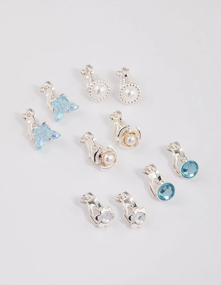 Silver Flower & Butterfly Clip On Earrings 5-Pack