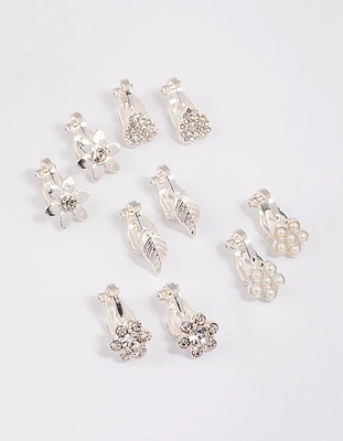 Silver Paved Heart Flower Clip On Earrings 5-Pack