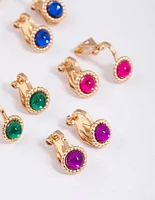 Multi-Colored Encased Diamante Clip On Earrings 5-Pack