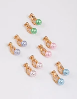 Colourful Pastel Pearl Clip On Earrings 5-Pack