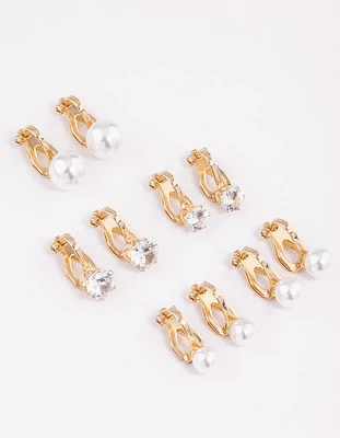 Gold Pearl & Diamante Clip On Earrings 5-Pack