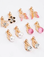 Gold Flower & Butterfly Clip On Earrings 5-Pack